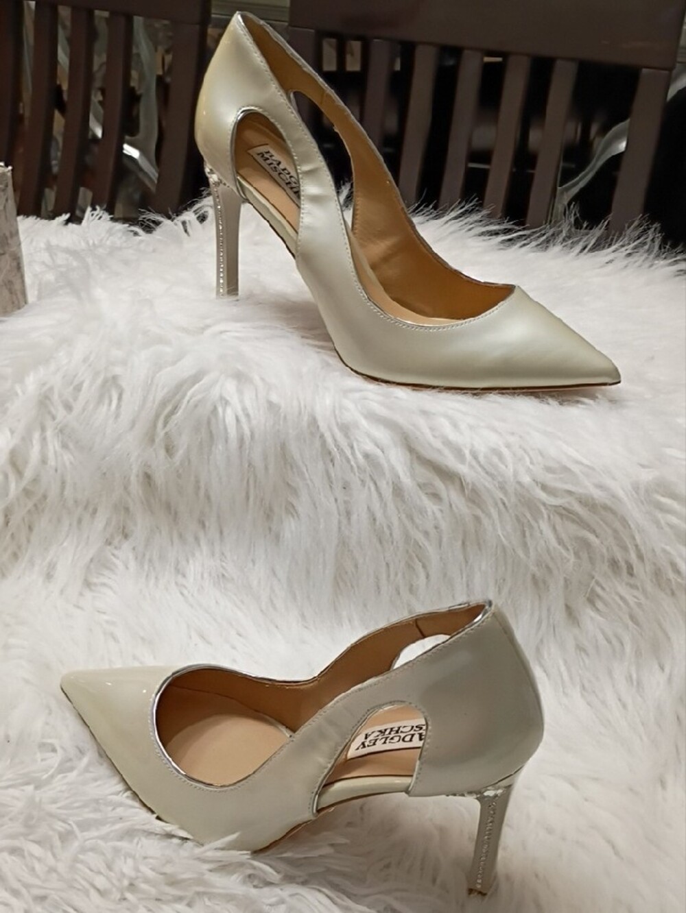 Badgley Mischka Champagne Pearlized Patent Leather Pointed-Toe Cutout Pumps - Picture 3 of 16